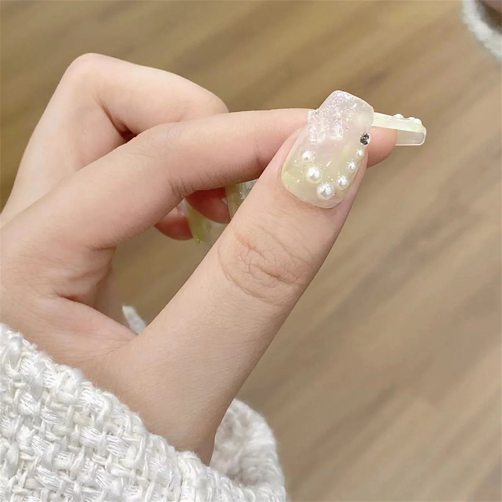 3D Rose Aurora Butterfly Press On Nails – 10pc Clear Green Set