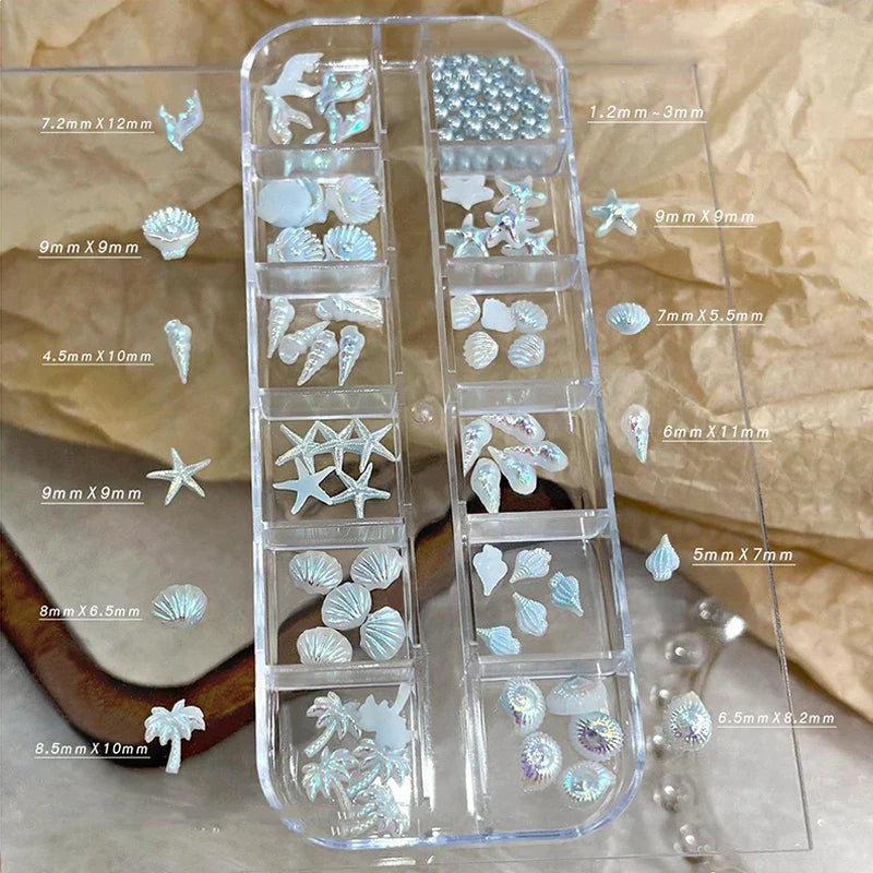 3D Ocean Nail Charms – Shell, Starfish & Mermaid 12-Grid Box