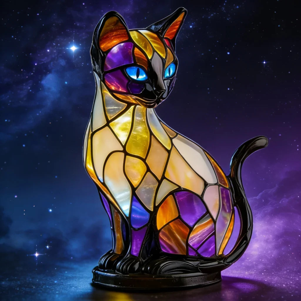 Cute Cat Lamp Stained Glass Retro Led Resin Tabletop Night Light