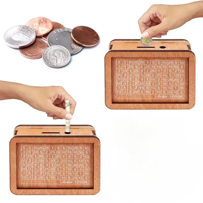 Wooden Euro Piggy Bank Money Box with Counter & Saving Goal