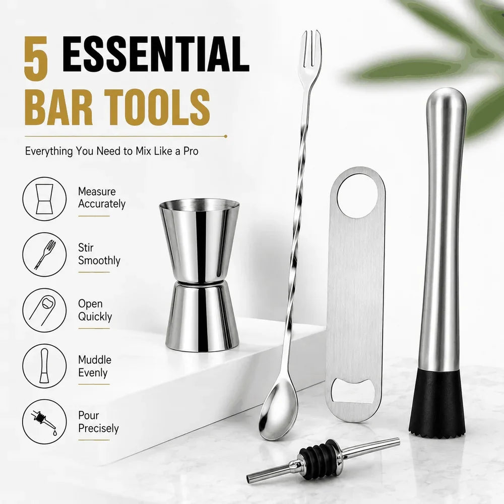 Stainless Steel Cocktail Tool Set – 5-Piece Bartender Kit