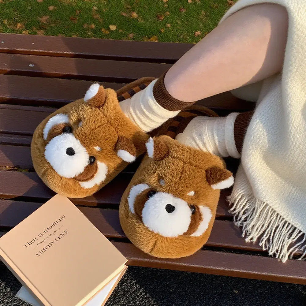 Women's Raccoon Plush Slippers – Cozy Indoor Fur Slides