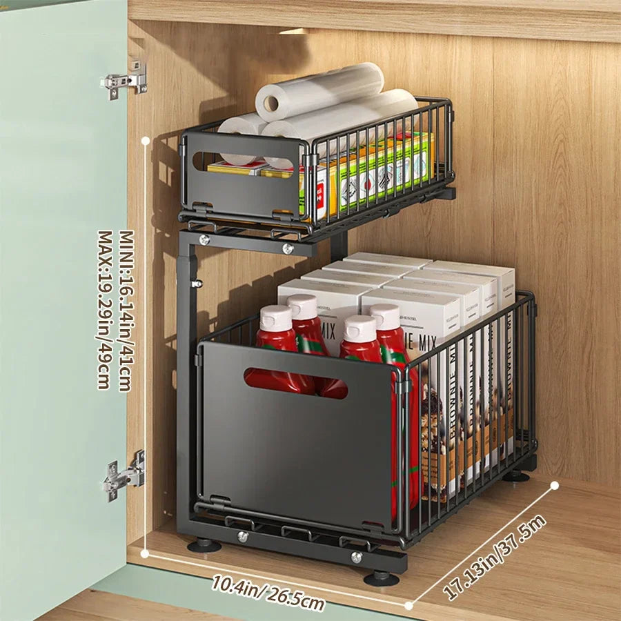 2-Tier Pull-Out Under Sink Organizer | Adjustable Sliding Shelf
