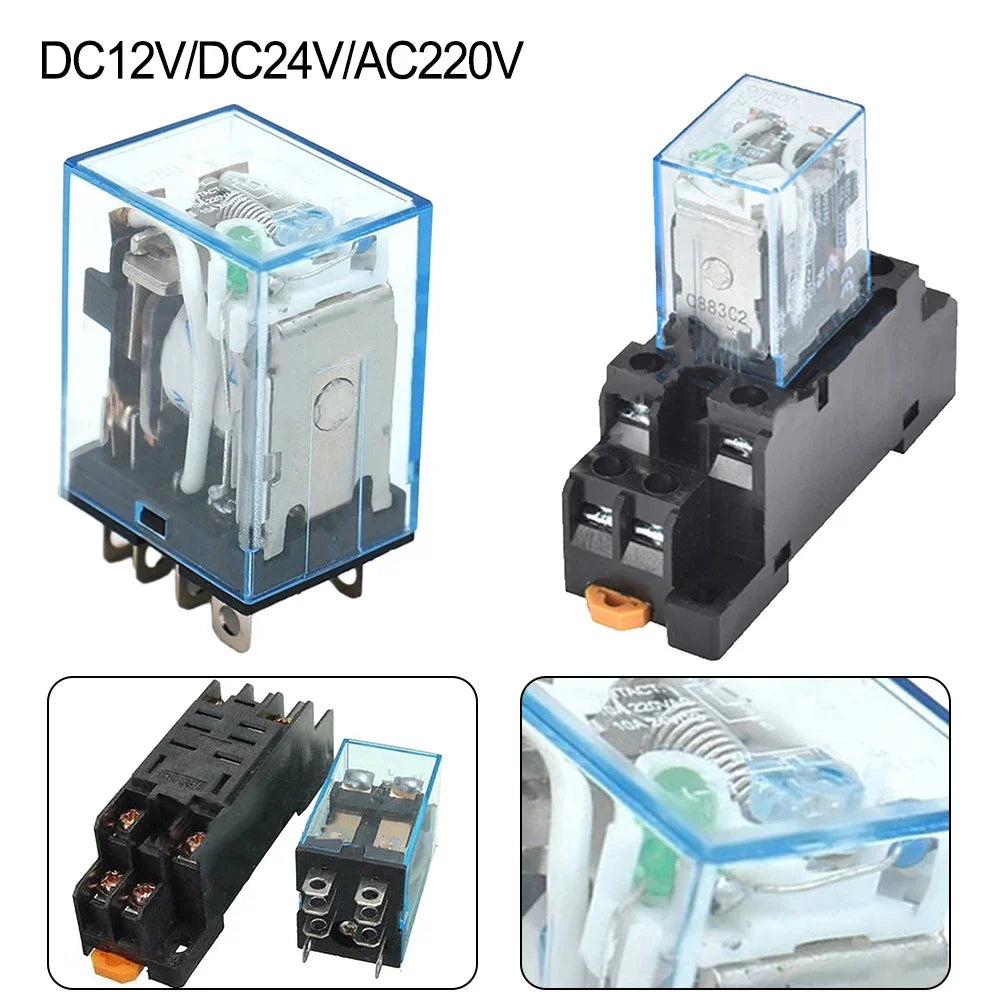 HH62P JQX-13F DPDT Power Relay with Socket & DIN Rail Base