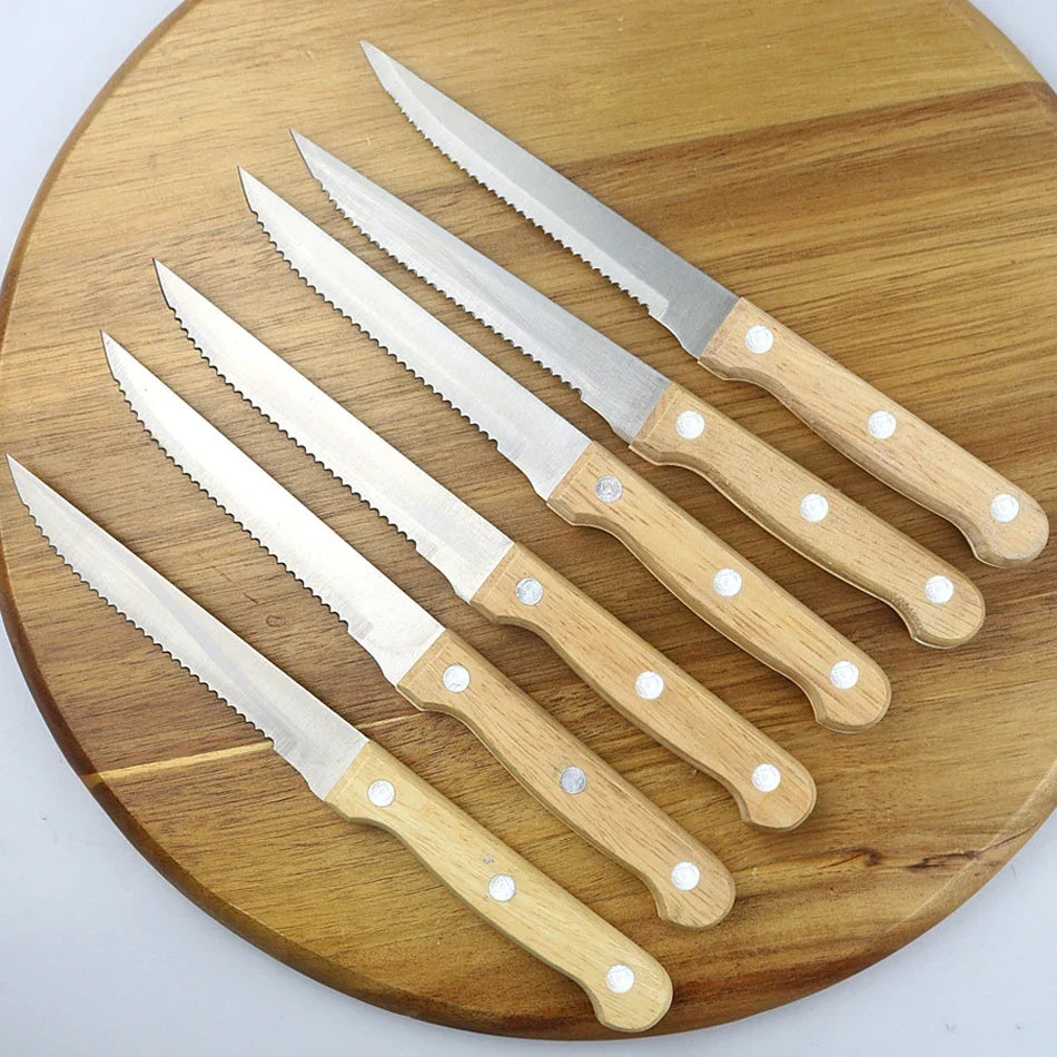 Stainless Steel Steak Knife Set – Serrated Wooden Handle 1–8 Pc