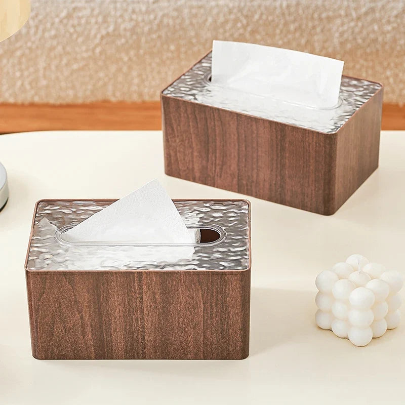 Wood Grain Tissue Box Cover Acrylic Lid Rectangle Living Room