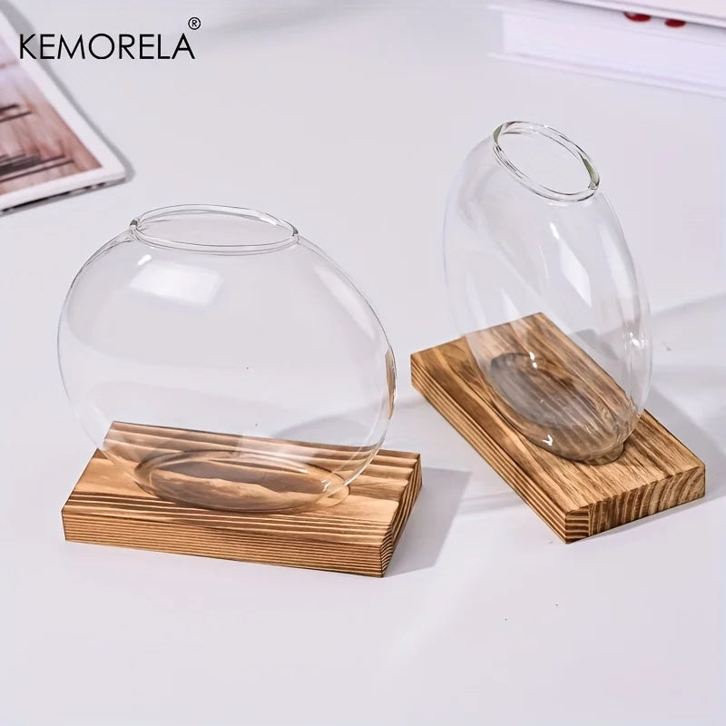 Hydroponic Glass Planter with Wood Stand | Desk Decor Vase
