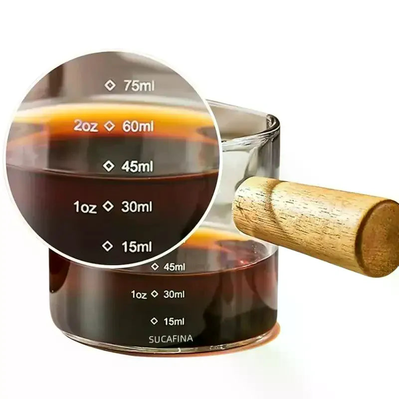 Glass Espresso Measuring Cup with Wood Handle | ml & oz