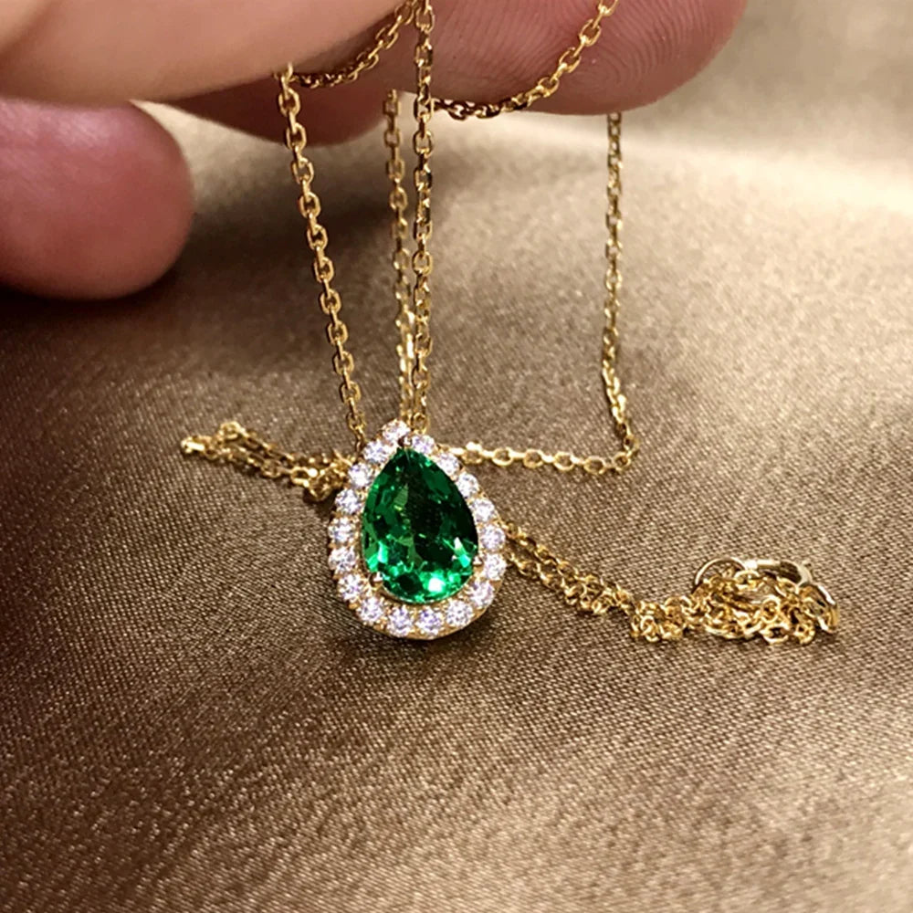 Huitan Green Water Drop CZ Pendant Necklace | Gold Tone