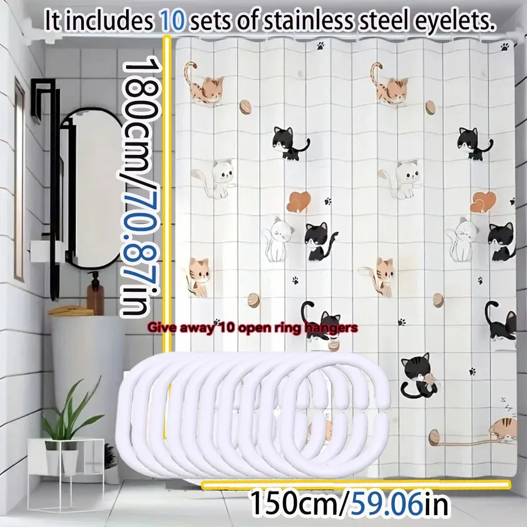 Cartoon Cat PEVA Shower Curtain – Waterproof & Easy to Clean