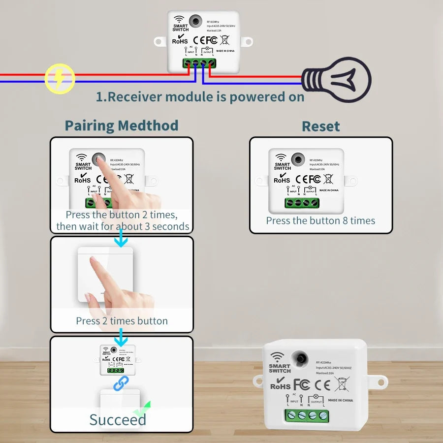 433MHz Wireless Wall Switch 1/2/3 Gang Remote Light Control