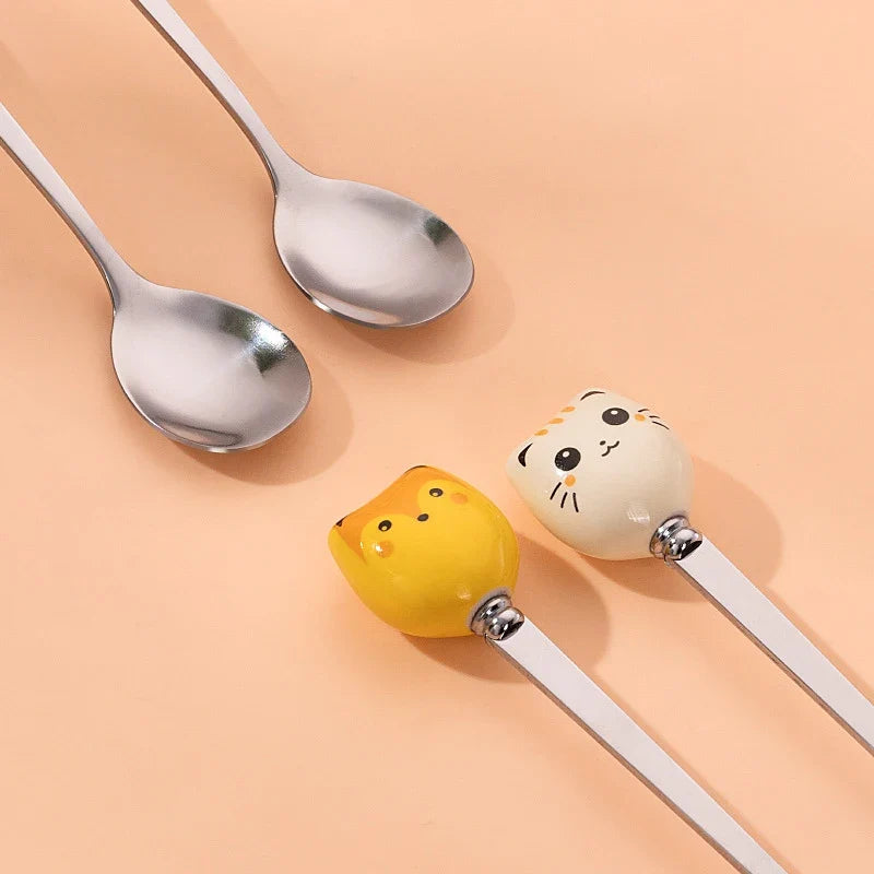 Stainless Steel Coffee Dessert Spoons Long Cat Handle Cartoon Ice