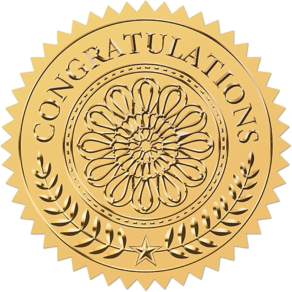 Gold Foil Congratulations Stickers – 100pc Embossed Round Seals