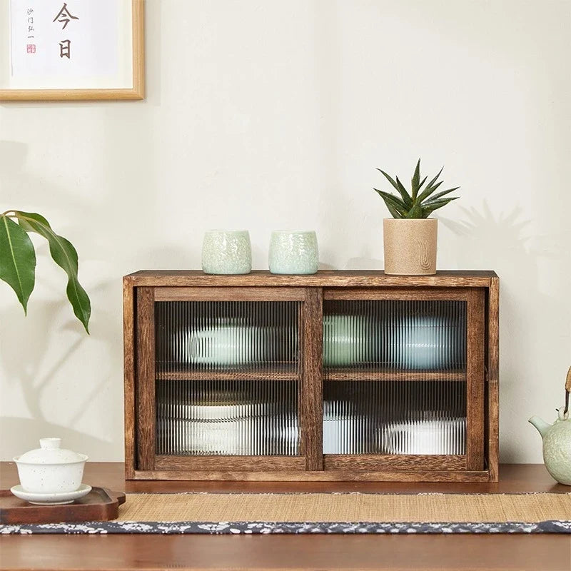 Desktop Solid Wood Storage Box Cup Cabinet Tea Water Shelf Glass