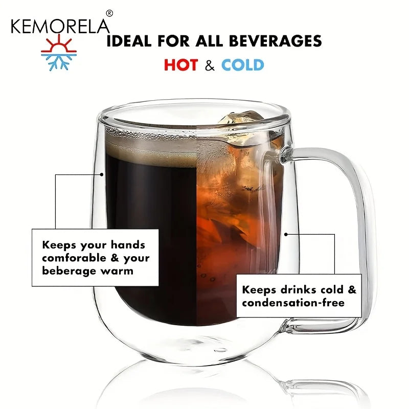KEMORELA Double Wall Clear Glass Coffee Cup with Handle | 1-2 Pack