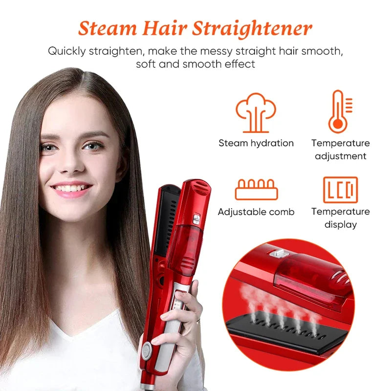 2-in-1 Steam Hair Straightener & Curling Flat Iron | Wide Plate