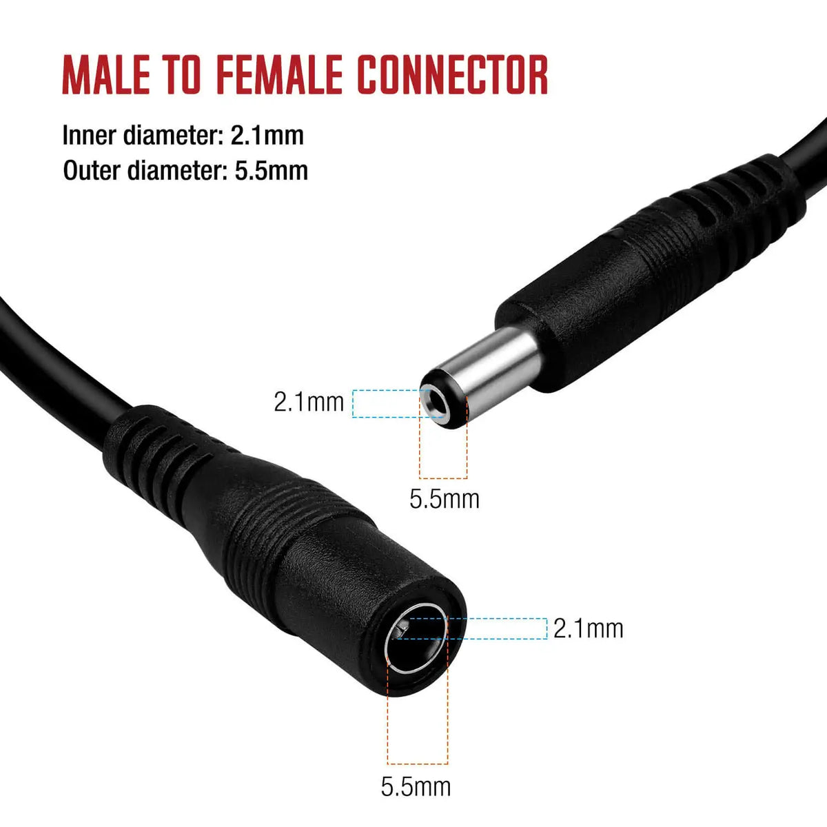 DC Power Extension Cord 5.5mm×2.1mm Female to Male – 5M/10M