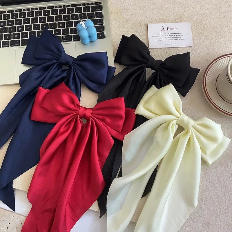 Solid Satin Bow Ribbon Hair Clips Women Elegant Bowknot Hairpins