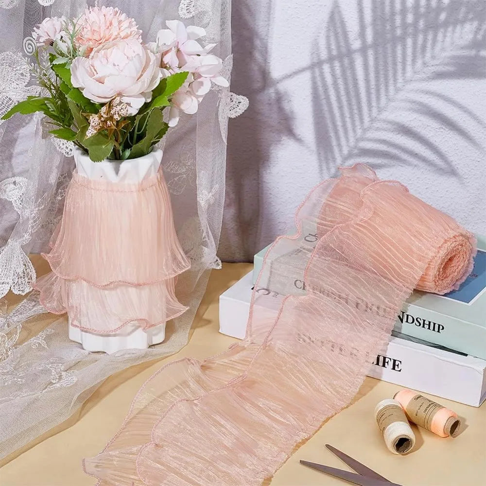 4 Yards Pink Organza Pleated Lace Ribbon Trim 5-1/8 Inch