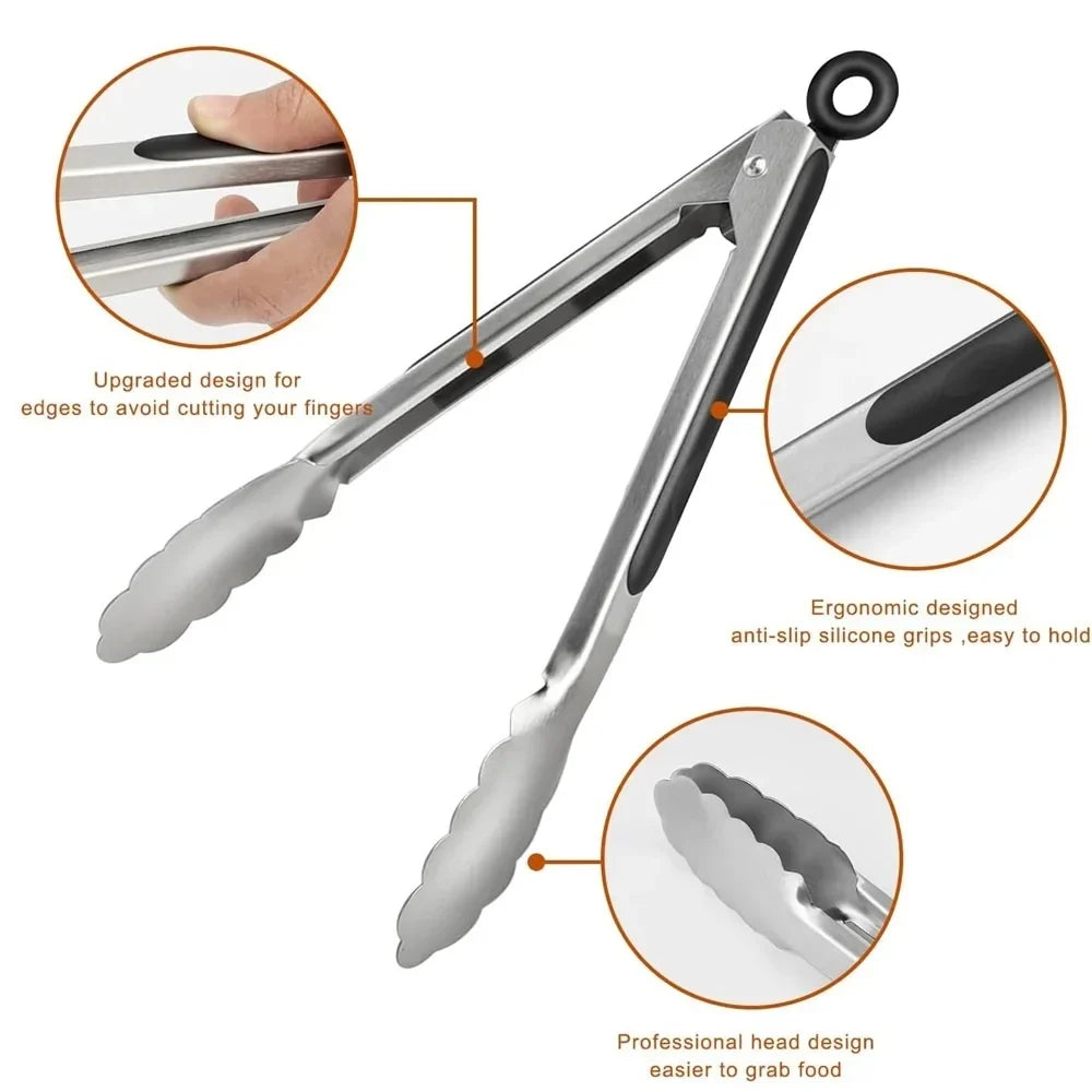 Stainless Steel BBQ Tongs – Non-Slip Extended Food Clamp