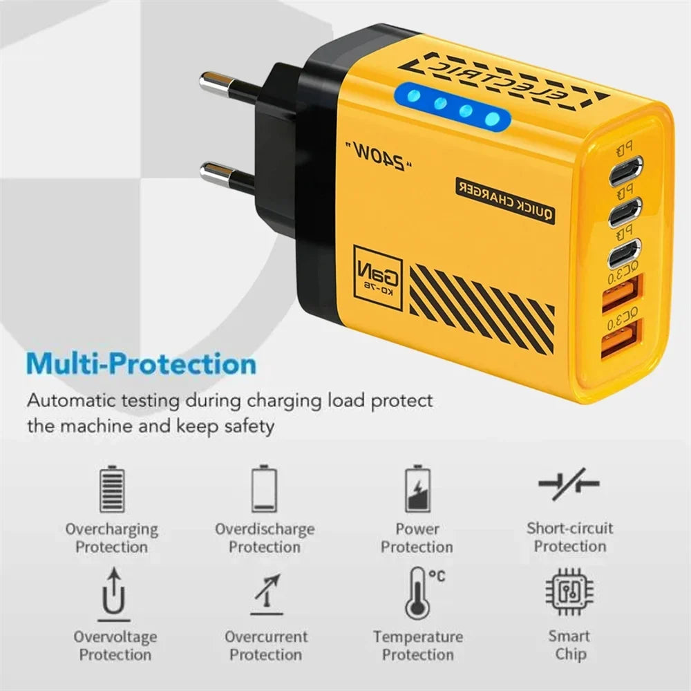 240W GaN 5-Port USB-C PD Charger | Quick Charge 3.0 Desktop
