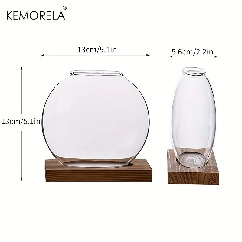 Hydroponic Glass Planter with Wood Stand | Desk Decor Vase