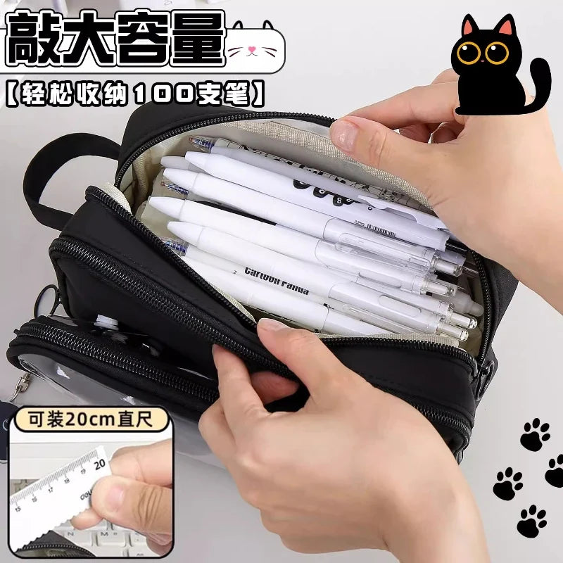 10 Layer Creative Black Cat Design Removable Pencil Case Large