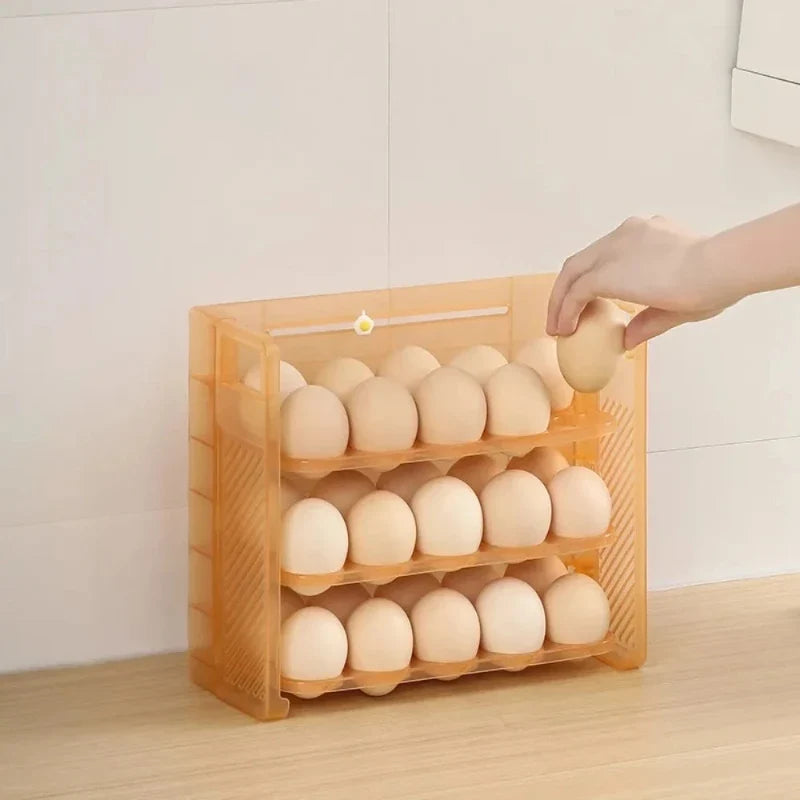 Foldable 30-Grid Egg Storage Rack | 3-Layer Fridge Organizer