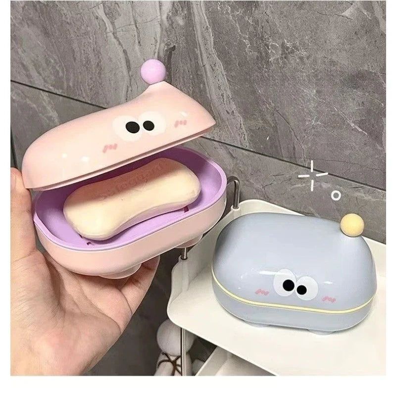 Flip-top Soap Box Big-eyed Cute Household Draining Holder Lid Cartoon