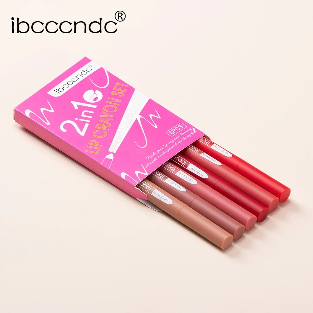 6-Color Matte Lip Crayon Set – 2-in-1 Lip Liner & Lipstick