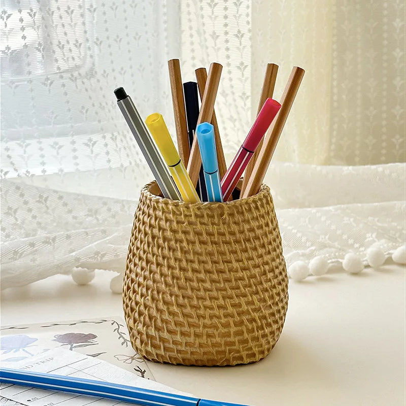 Rattan Pen Holder Desk Waterproof Sturdy School Office Supplies