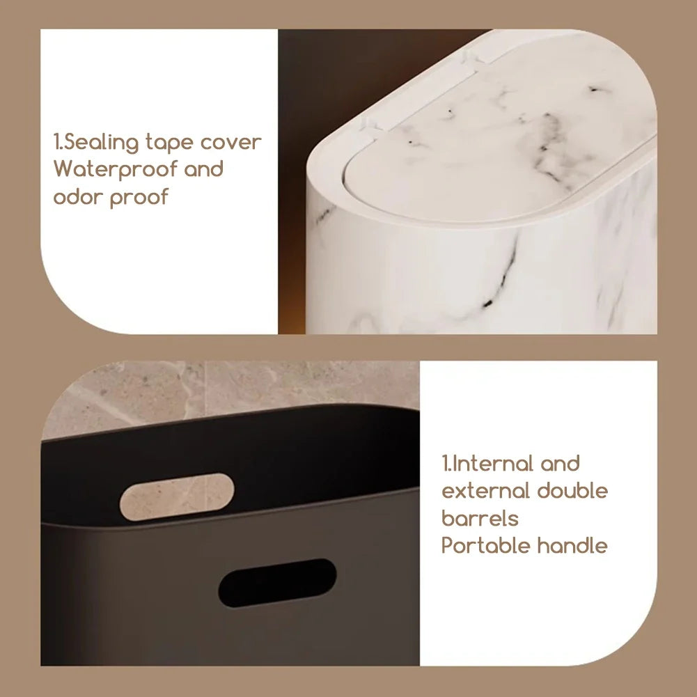 Marble Slim Trash Can with Lid – Narrow Wastebasket for Home