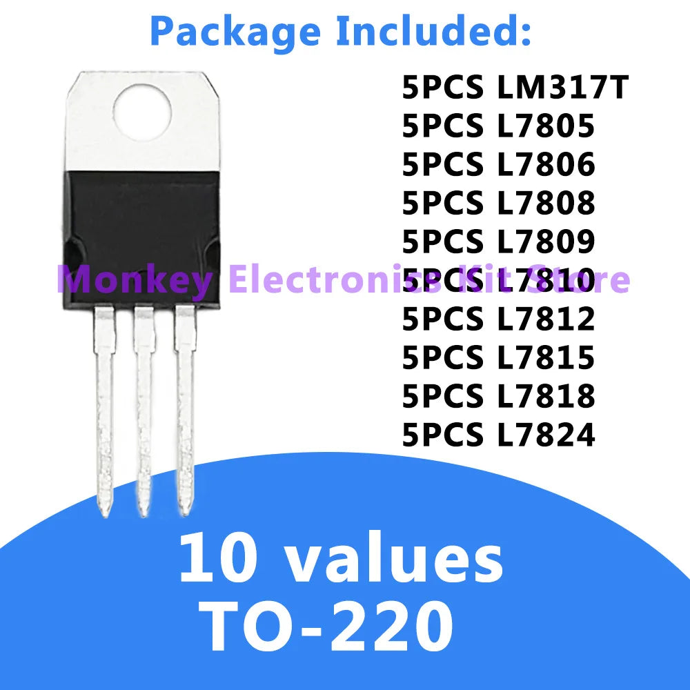 50PCS TO-220 Voltage Regulator IC Kit – LM317T & L78xx Series