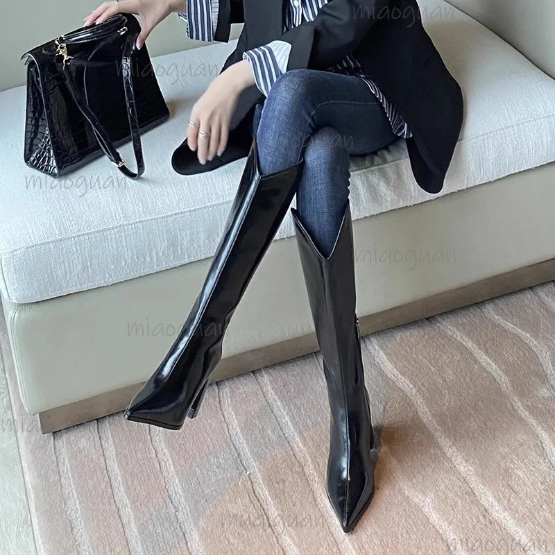 Women's Pointed Toe Knee-High Boots – Chunky Heel & Zip
