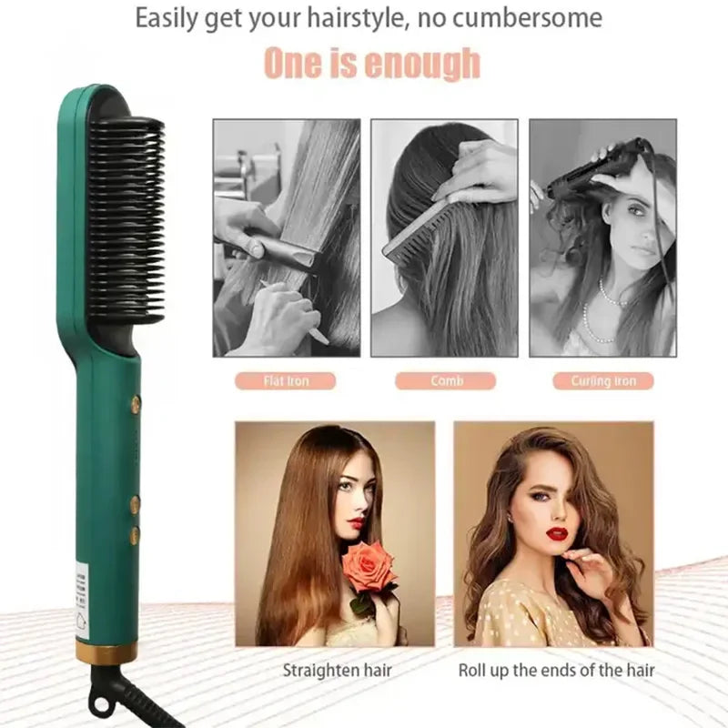 2-in-1 Ceramic Hair Straightener Brush | Negative Ion Hot Comb