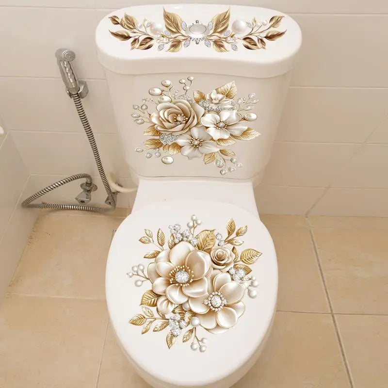 Gold Pearl Floral Toilet Sticker – Waterproof Bathroom Decal