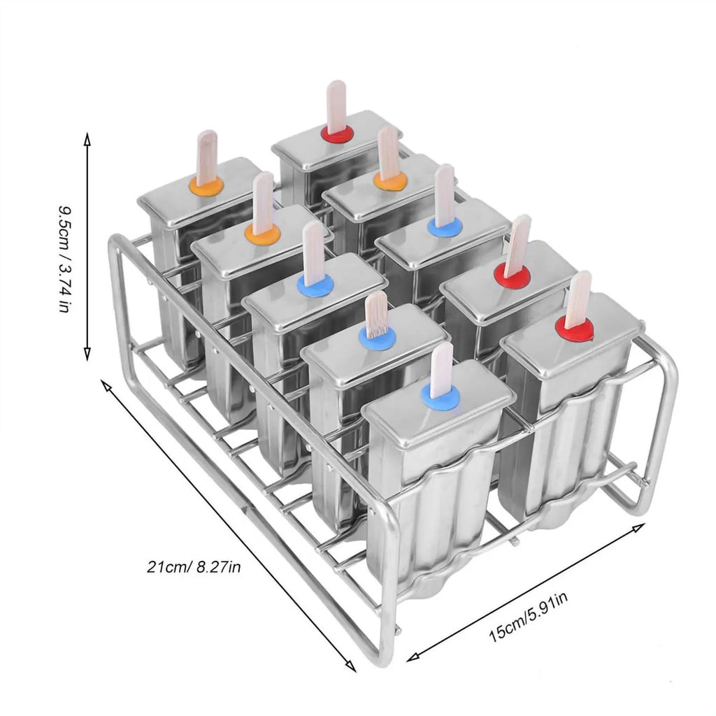 10 Molds Stainless Steel Ice Cream Mould Lolly Popsicle Stick Holder