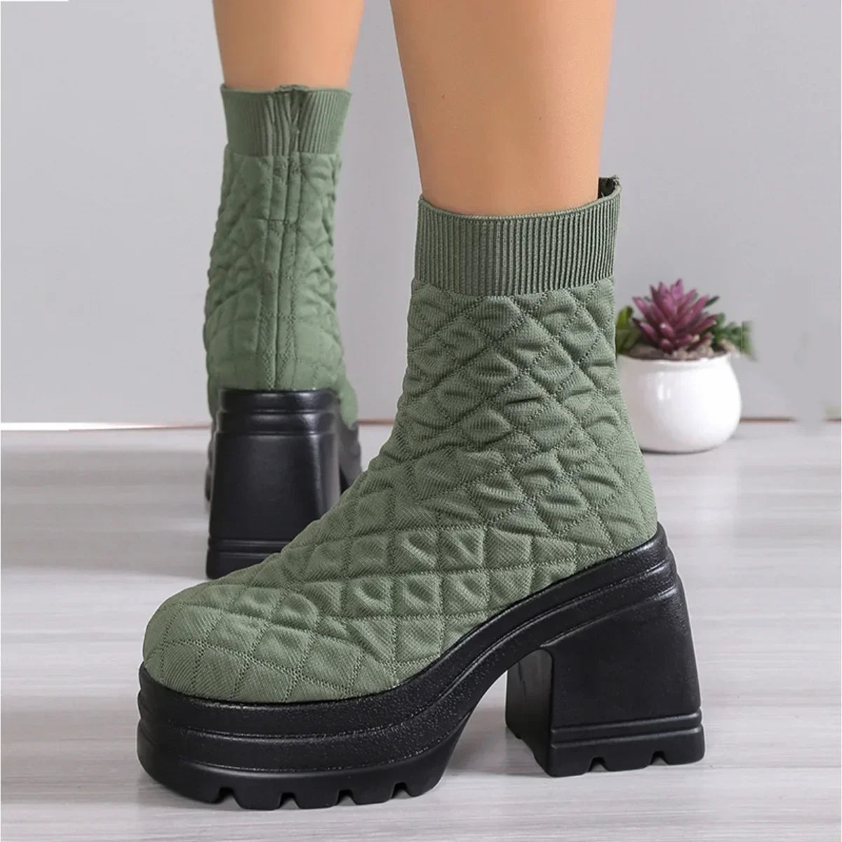 Women's Chunky Knit Platform Ankle Boots – Square Heel Slip-On