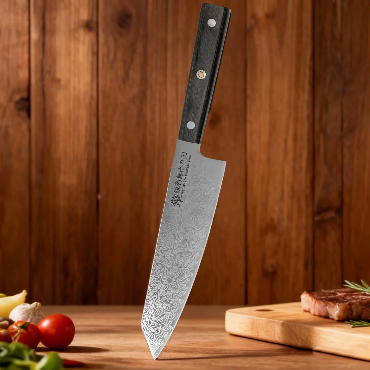 Damascus Pattern Japanese Chef Knife – Sharp Carbon Steel Wood Handle