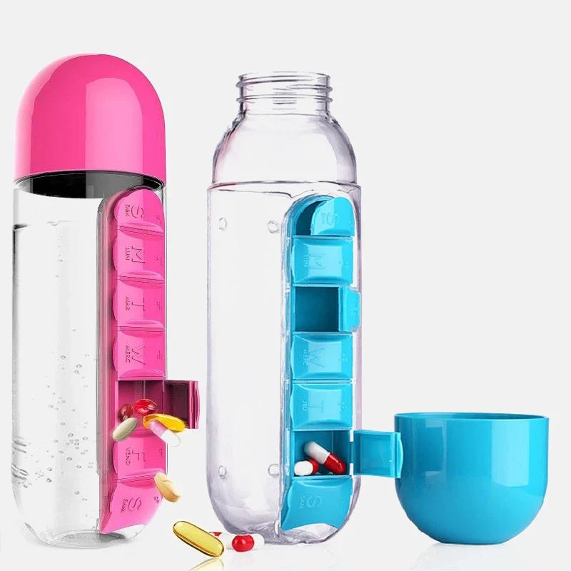 2-in-1 Sports Water Bottle & 7-Day Pill Organizer – 600ml BPA-Free