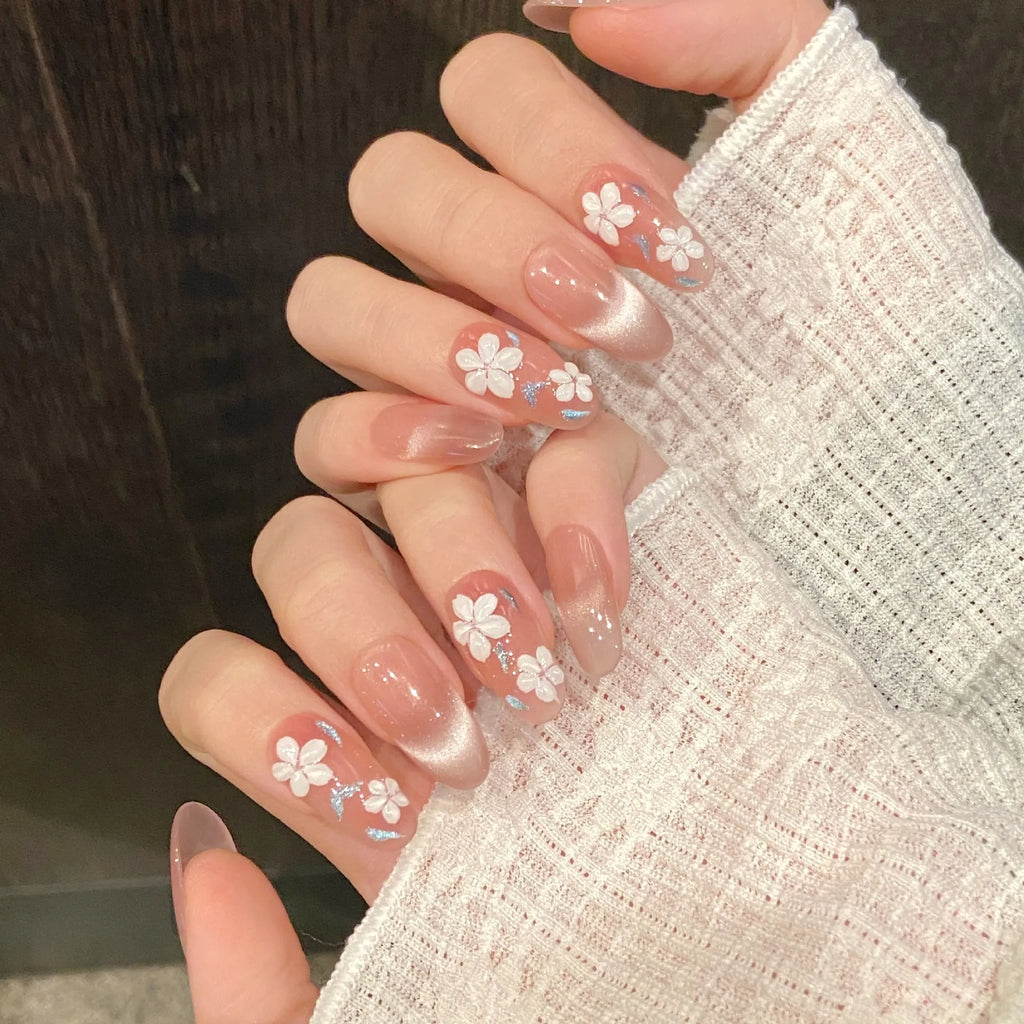10pcs Handmade Press-On Nails Spring Flowers Korean Cat Eye