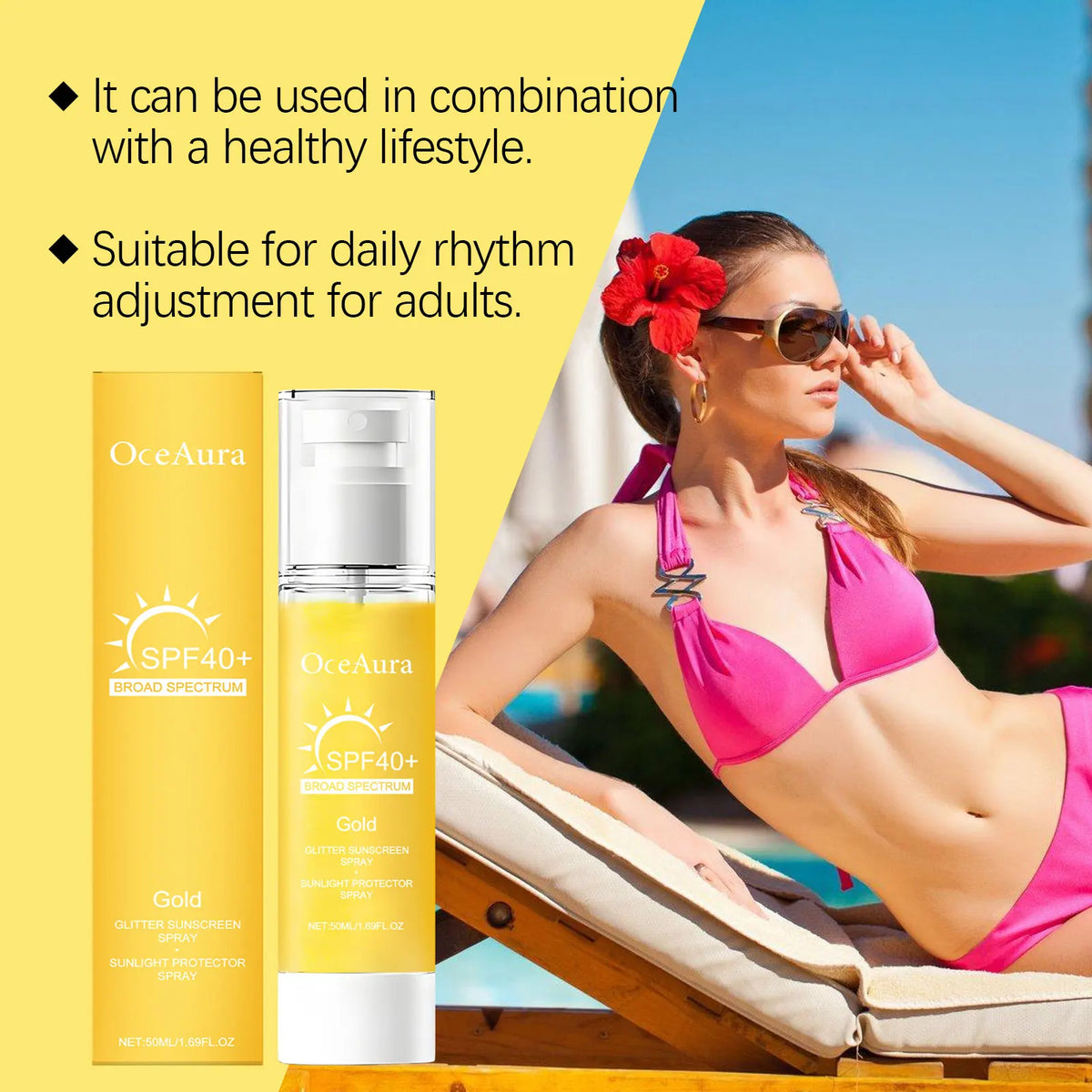 OceAura Glitter Sunscreen Spray – Shimmer SPF Face & Body 50ml
