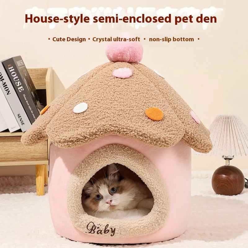 Mushroom House Cat Bed Pet Dog Shelter Winter Closed Warm Detachable