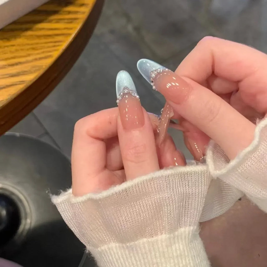 Blue Cat Eye Press On Nails – Glitter Diamond Almond 10pc