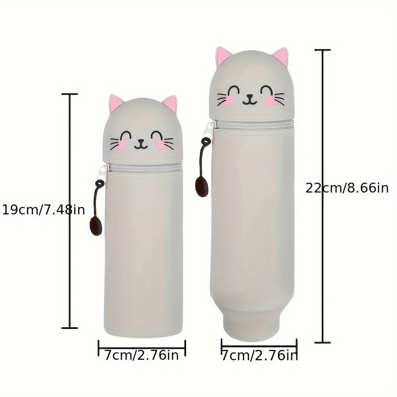 2-in-1 Expandable Silicone Cute Pencil Case Cat Design Desk Organizer