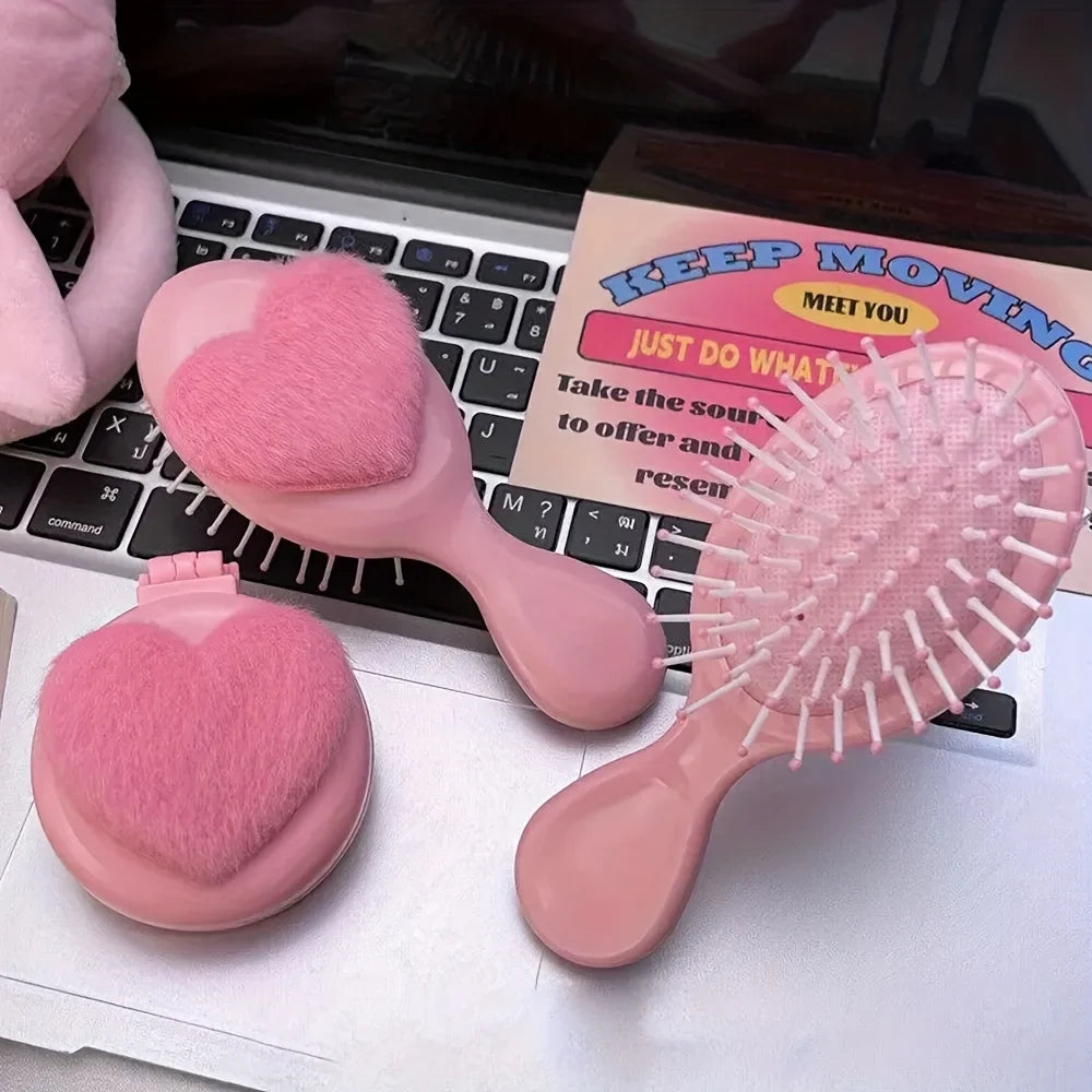 Plush Heart Mini Hair Brush & Mirror Set – Portable Pink