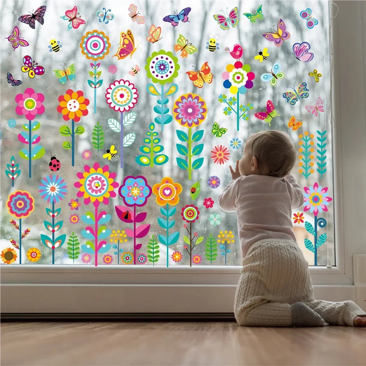 Spring Gel Clings Butterfly Flowers Window Decals Stickers Kids