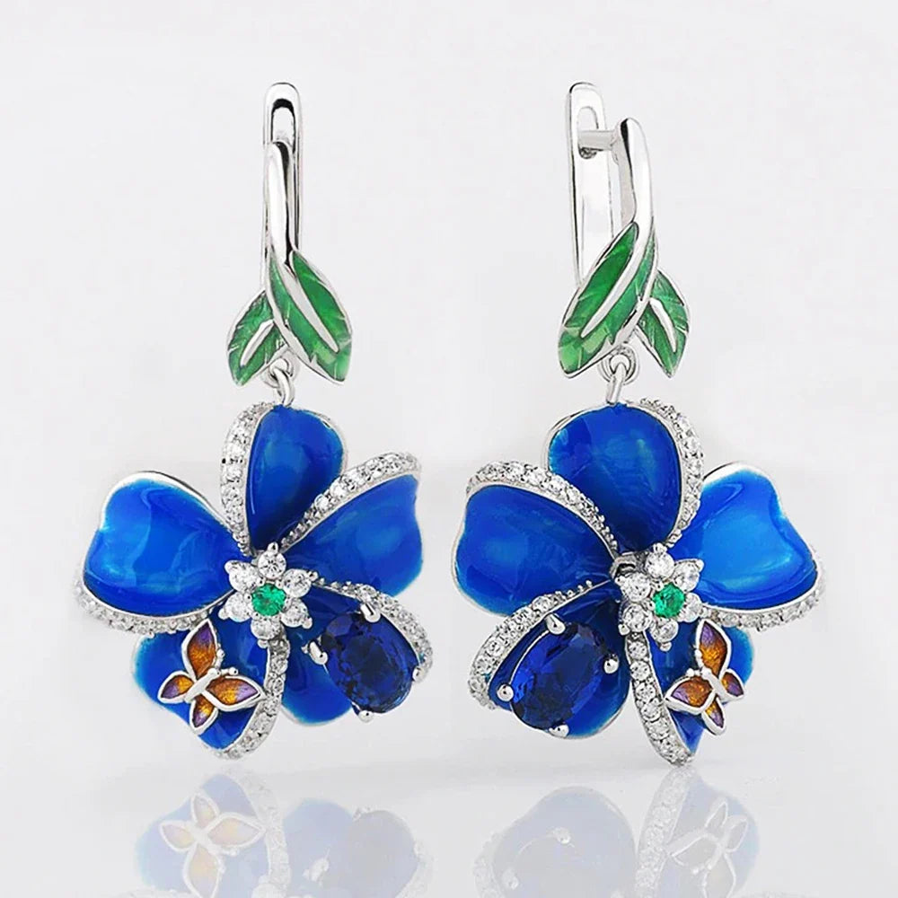 Huitan Blue Flower CZ Drop Earrings – Bridal Wedding Jewelry