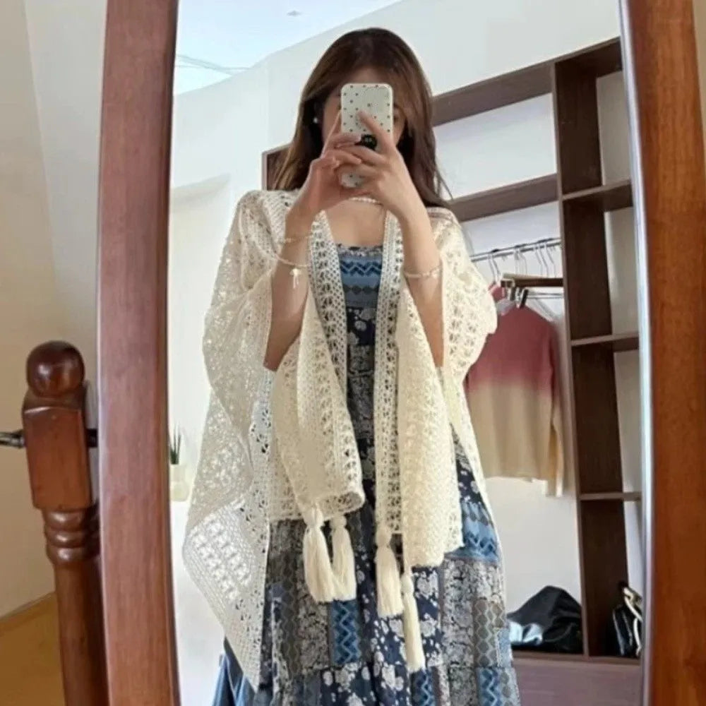 Bohemian Crochet Tassel Shawl – Women's Beach Cover-Up
