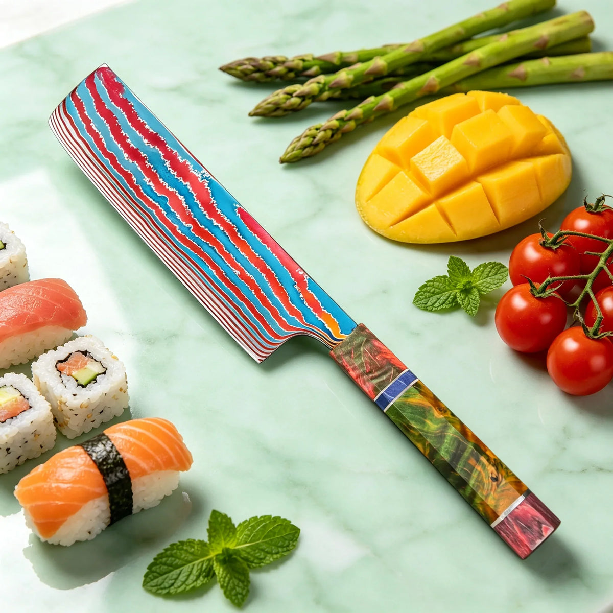80-Layer Damascus Steel Nakiri Knife – Colored Wood Handle